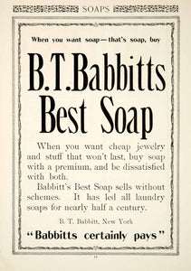 1900 Ad Vintage B. T. Babbits Best Soap Laundry Washing Clothes Detergent YSN2