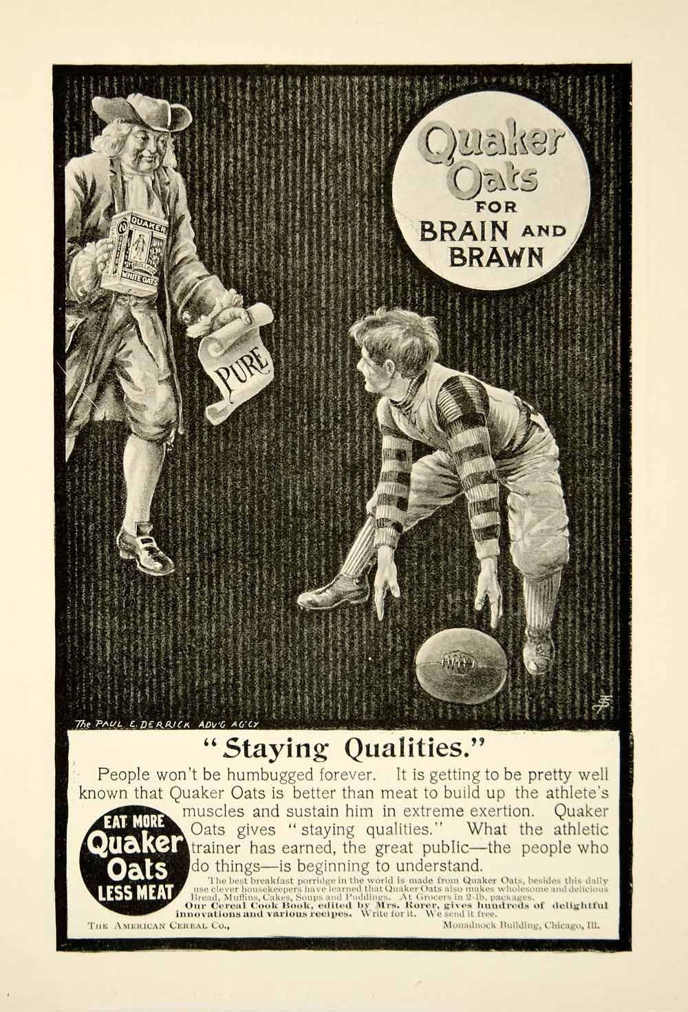 1900 Ad Quaker Oats Cereal Man Victorian Boy Playing Football Uniform Food YSN2