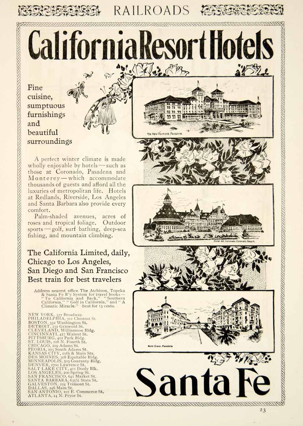 1901 Ad Atchison Topeka & Santa Fe Railway Travel Hotel Del Coronado Resort YSN2