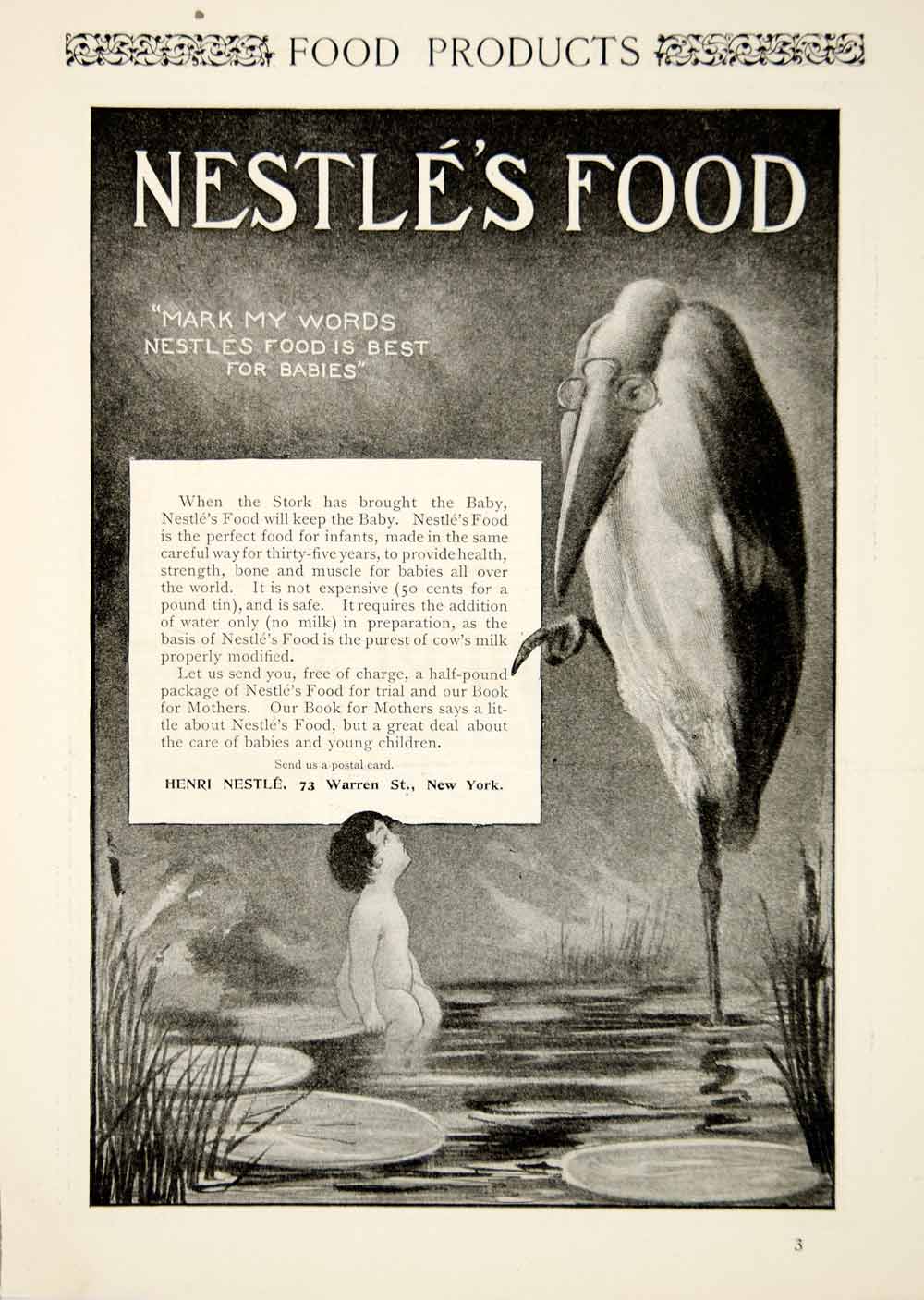 1902 Ad Nestle's Food Infant Baby Naked Lily Pad Stork Bird Henri Nestle YSN2