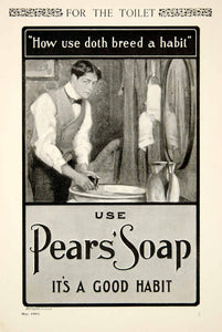 1902 Ad Vintage Pears Soap Edwardian Man Washing Hands Washstand Good Habit YSN2
