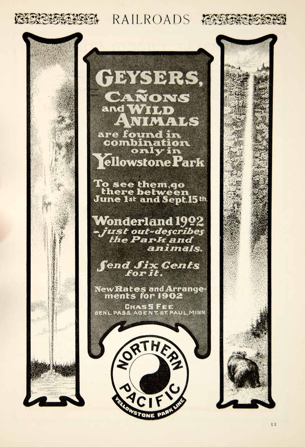 1902 Ad Yellowstone Geyser Park Line Northern Pacific Railway Train Travel YSN2