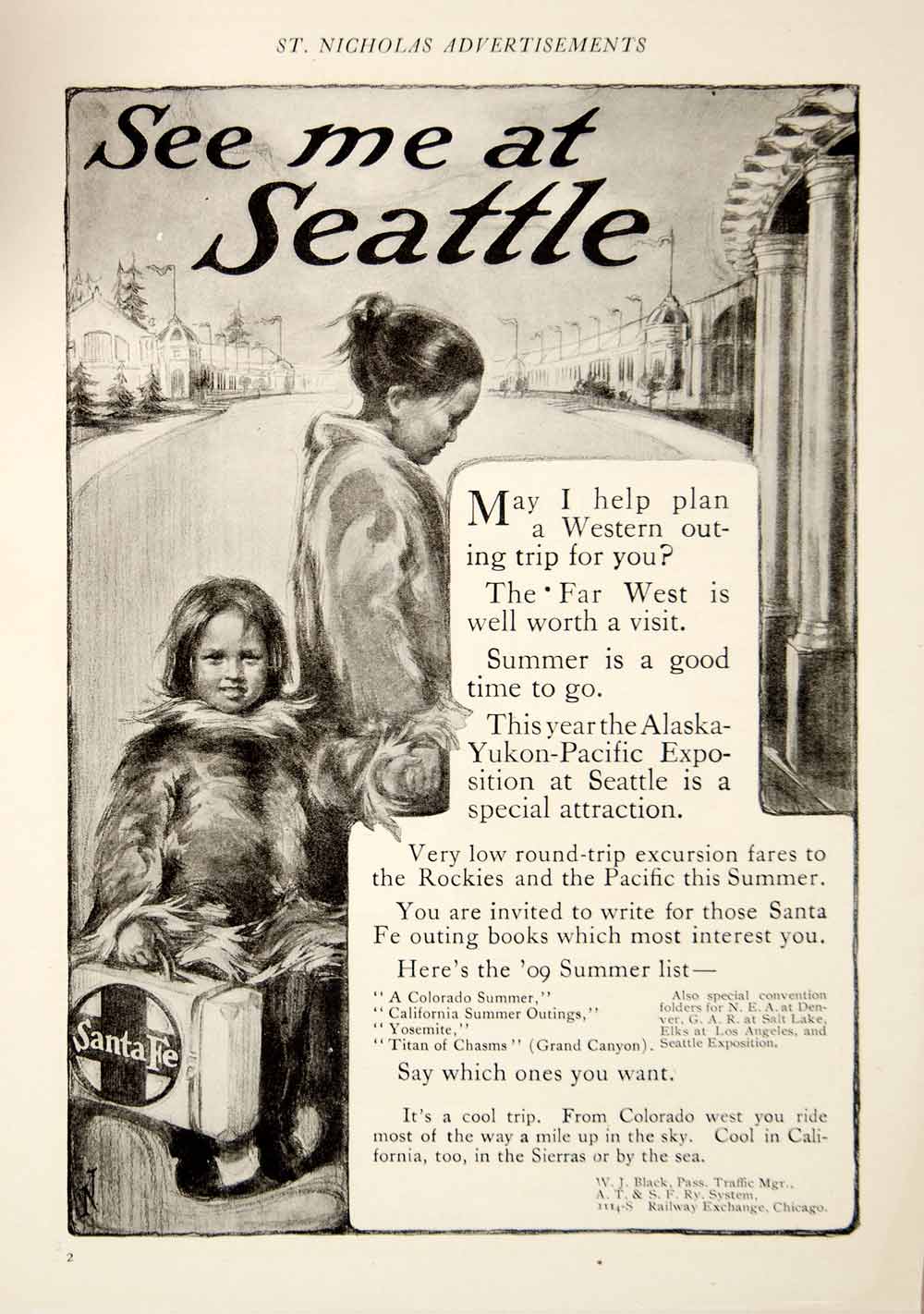 1909 Ad A.T.& S.F. Railroad Eskimo Child Alaska Yukon Pacific Exposition YSN2