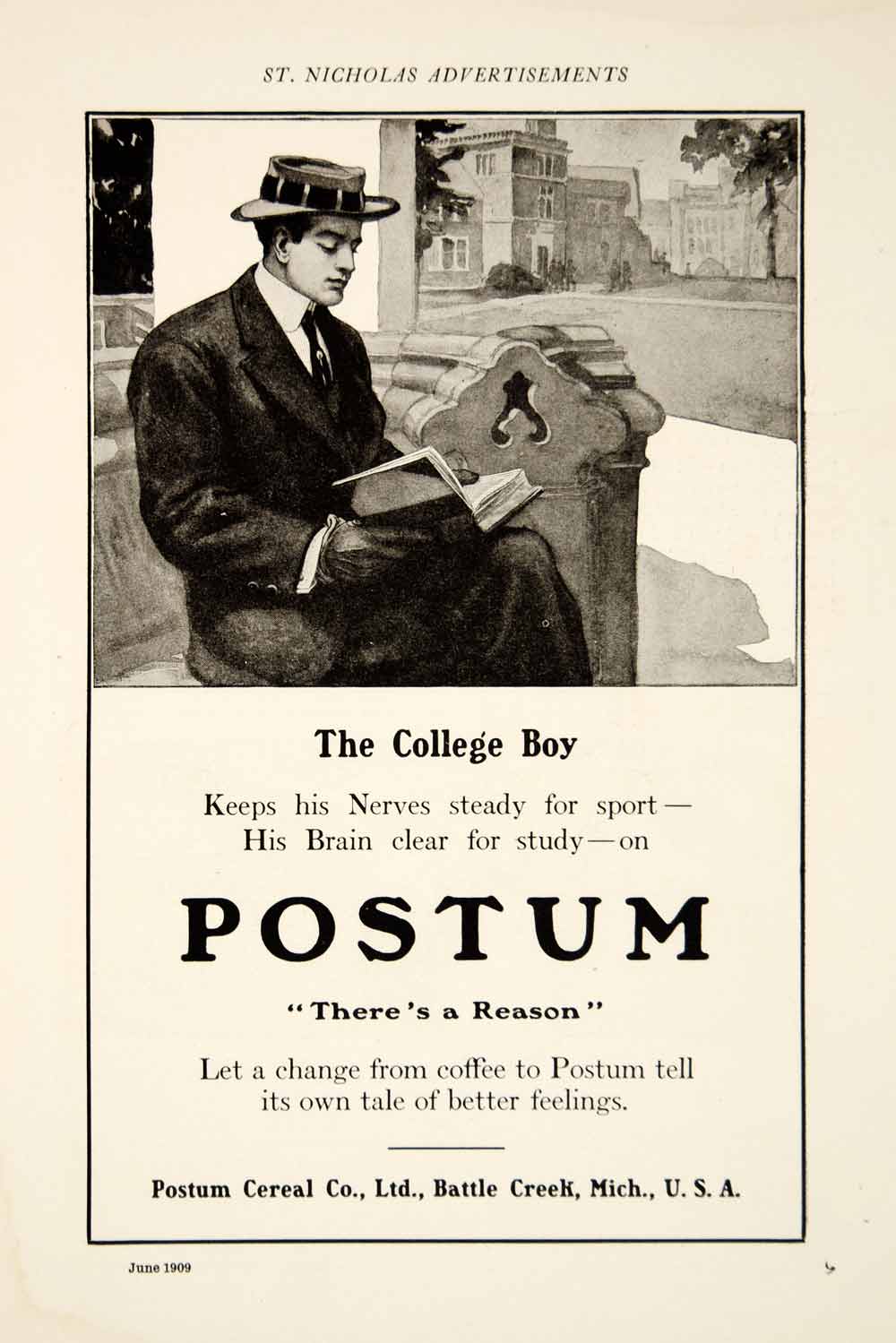 1909 Ad Postum Coffee Substitute Caffeine Free Healthy Beverage College Boy YSN2