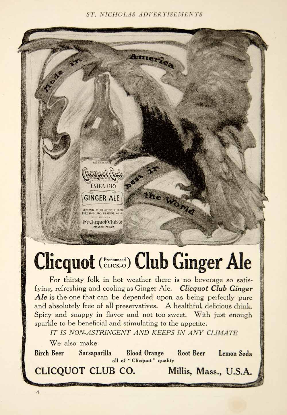 1909 Ad Vintage Clicquot Club Ginger Ale Healthy Summer Soda Drink Millis YSN2