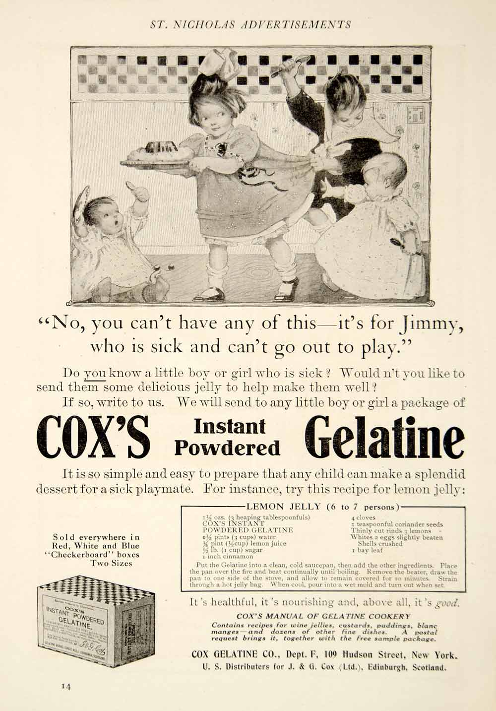 1909 Ad Vintage Cox's Instant Powdered Gelatine Children Lemon Jelly Recipe YSN2