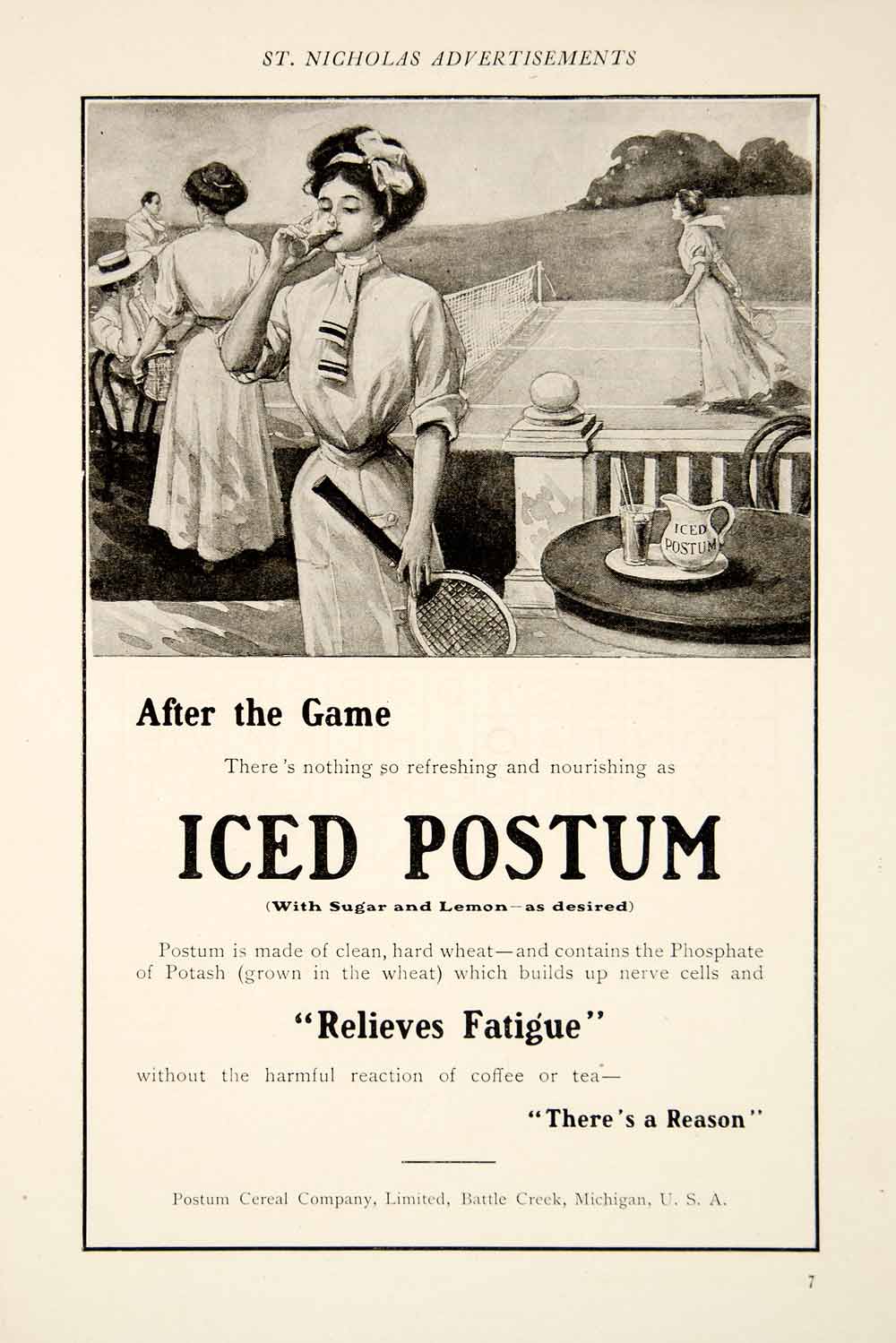 1909 Ad Vintage Iced Postum Coffee Substitute Beverage Tennis Game Players YSN2