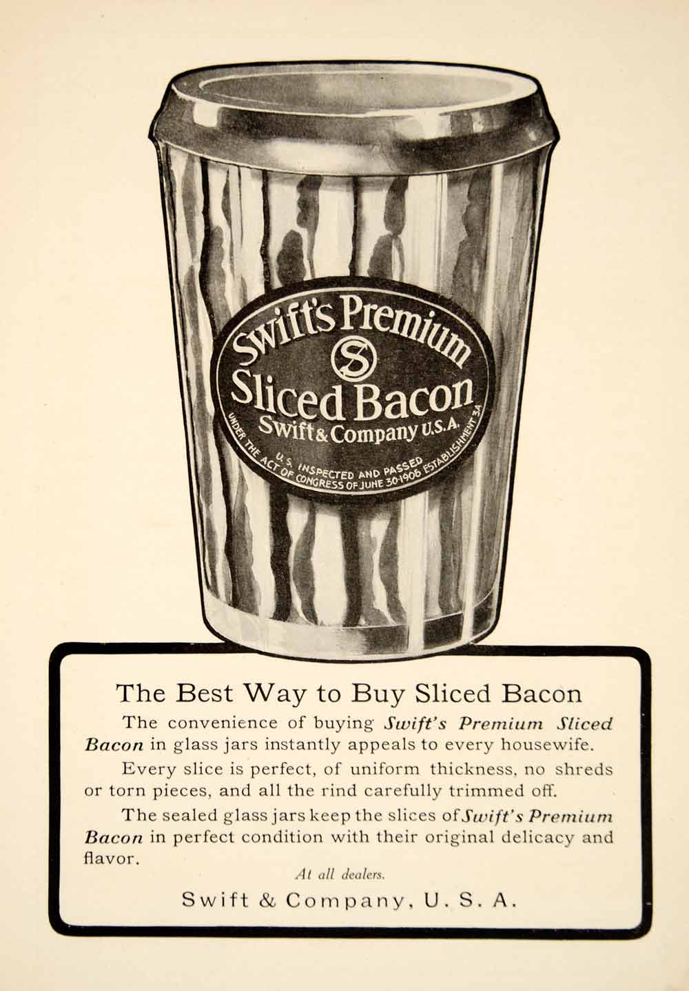 1909 Ad Vintage Swift's Premium Sliced Bacon Glass Jar Processed Pork Meat YSN2