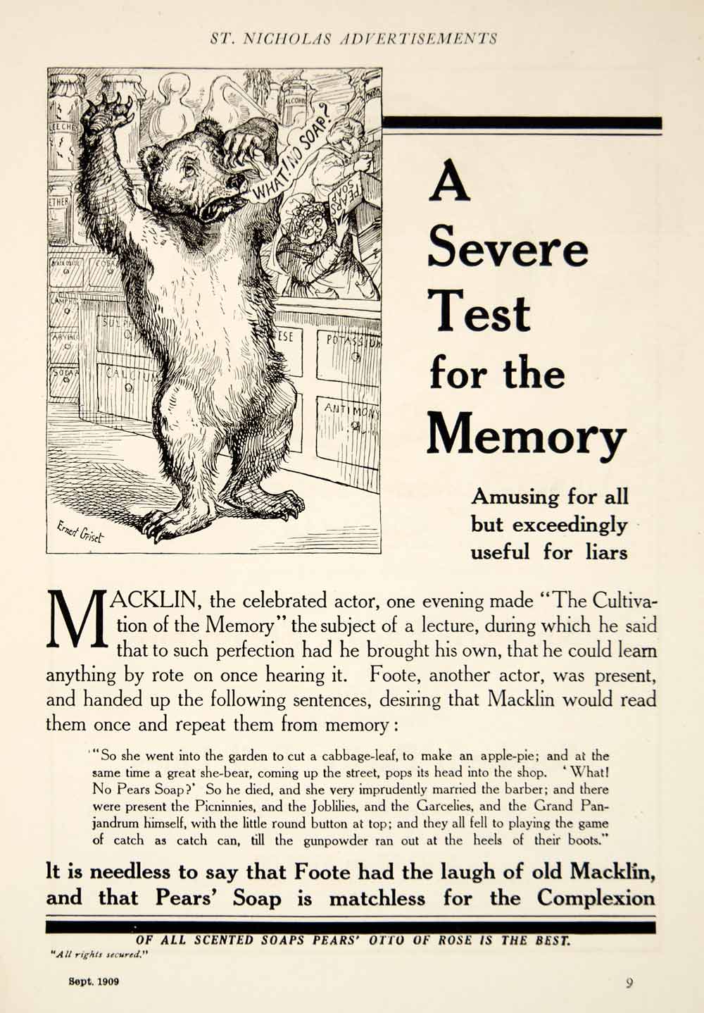 1909 Ad Vintage Pears' Soap Bear Ernest Griset Art Illustration Humorous YSN2