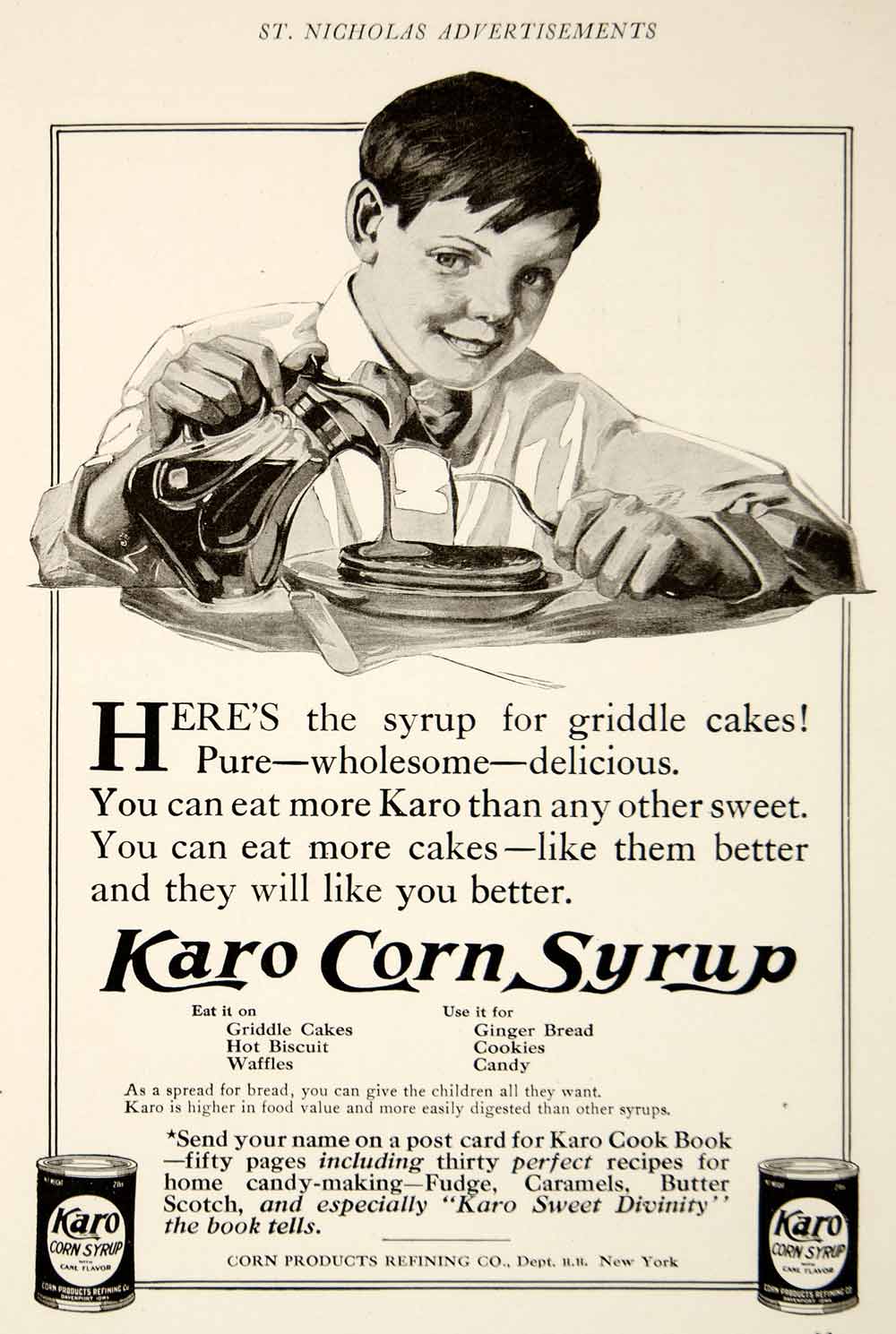 1909 Ad Vintage Karo Corn Syrup Griddle Cakes Pancakes Stack Boy Eating YSN2