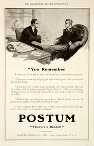 1909 Ad Vintage Postum Coffee Habit Substitute Caffeine Free Doctor Advice YSN2