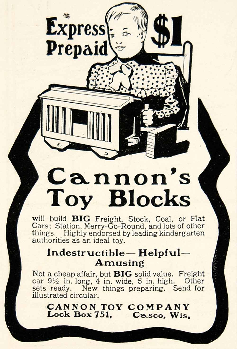 1902 Ad Vintage Cannon Toy Building Blocks Child Playing Casco Wisconsin YSN2