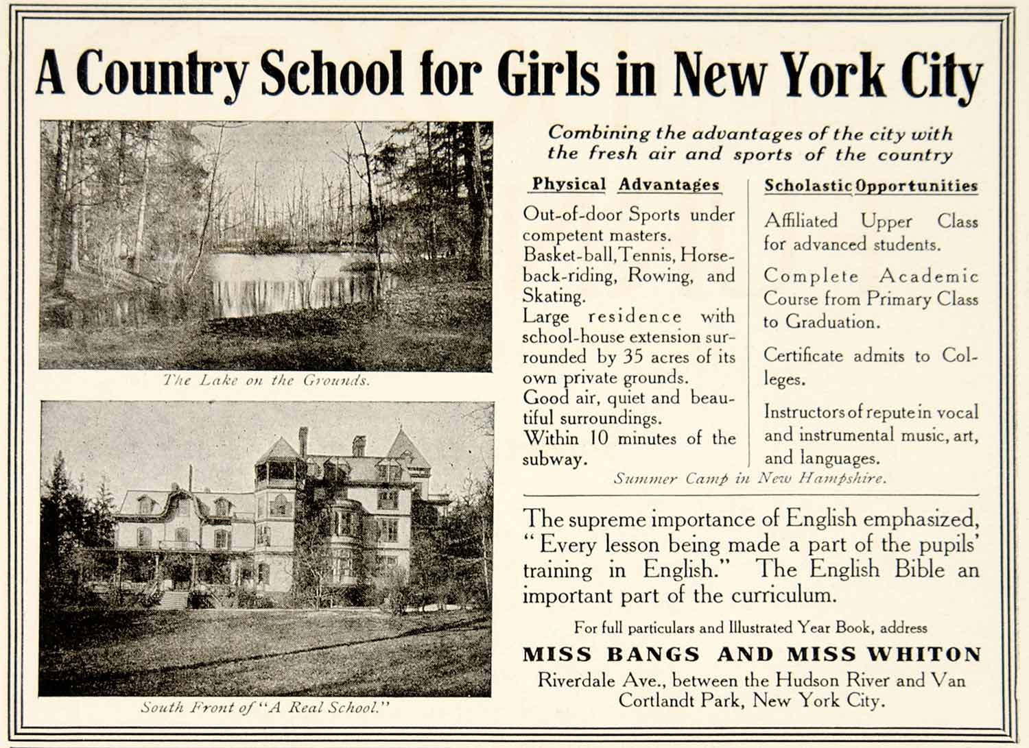 1909 Ad Miss Bangs Whiton Girls Boarding School Riverdale Ave New York City YSN2