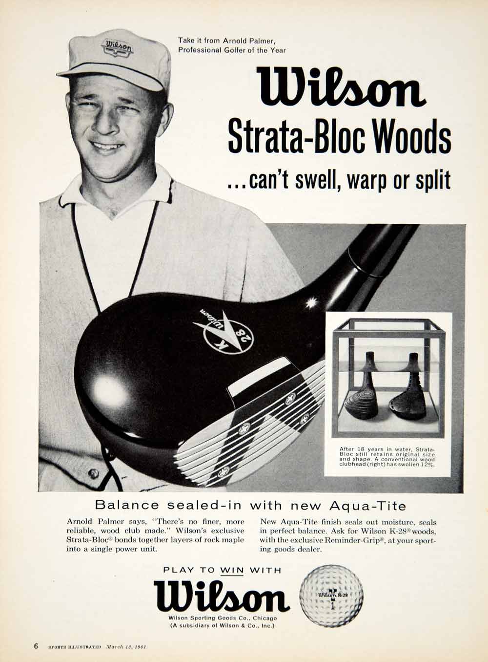 1961 Ad Wilson Sporting Goods Strata-Bloc Woods Golf Club Arnold Palmer PGA YSP3