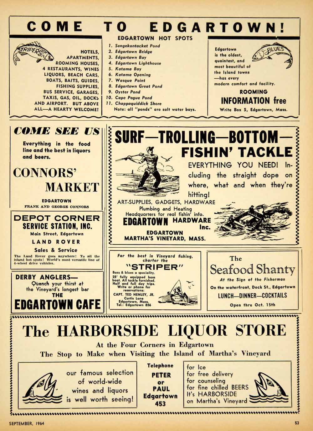 1964 Ad Edgartown Fishing Ads Harborside Liquor Connor's Market Cafe YSS1