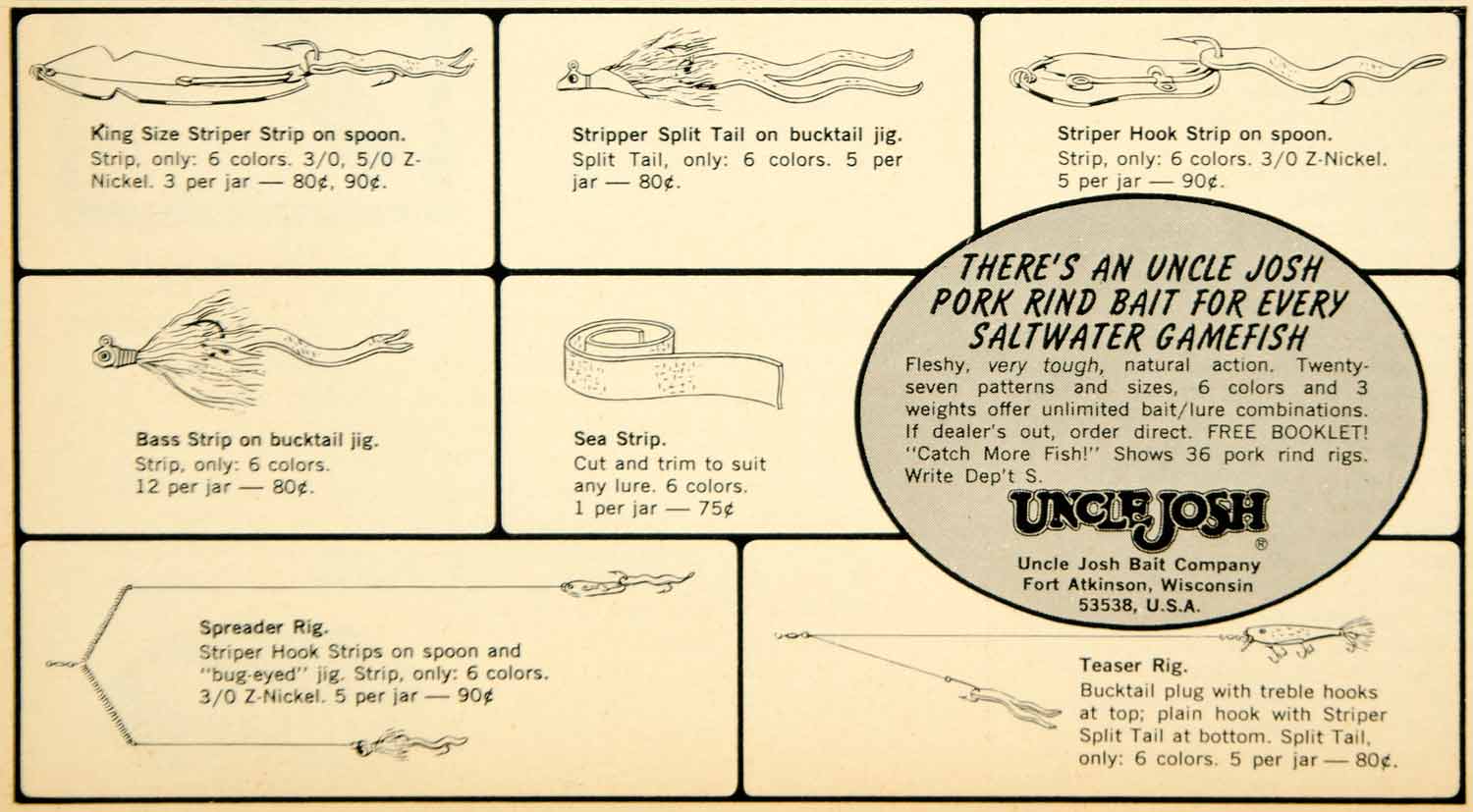 1964 Ad Uncle Josh Bait Stripper Bait Pork Rind Teaser Bass Bucktail Jig YSS1