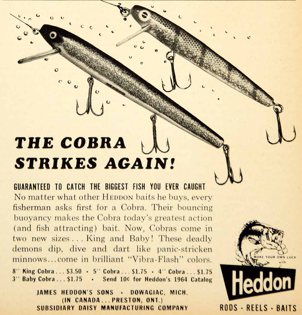 1964 Ad James Heddon Baits Cobra Buoyancy Lure Fishing Triple Hooks Mi –  Period Paper Historic Art LLC