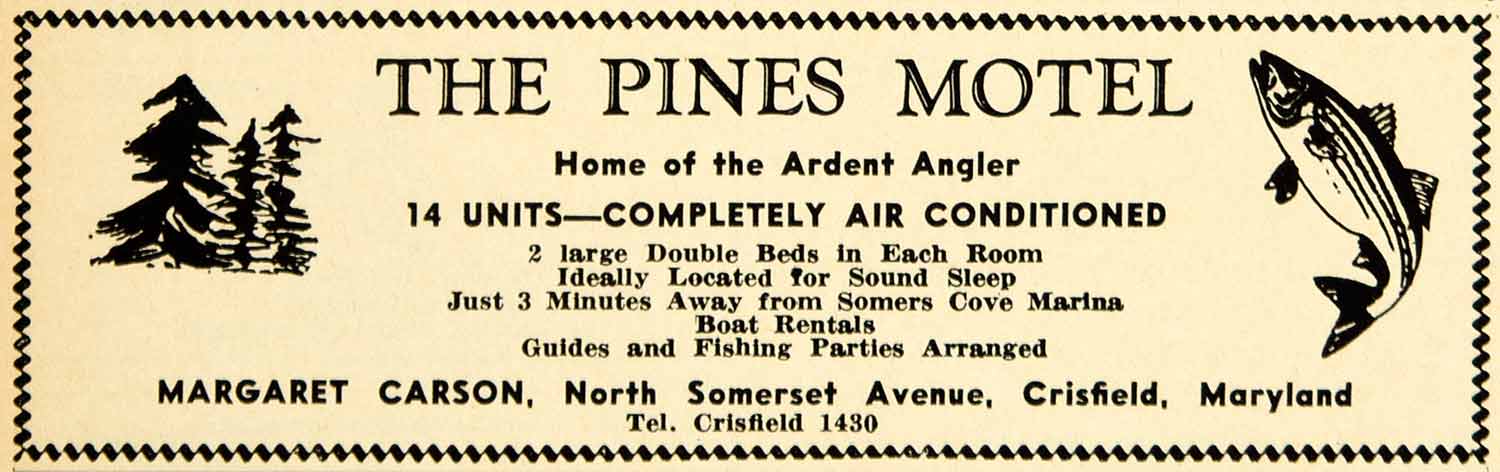 1964 Ad Pines Motel Margaret Carson North Somerset Ave Crisfield Angling YSS1