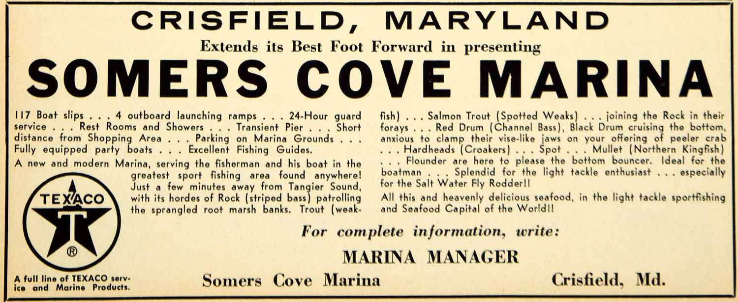 1964 Ad Somers Cove Marina Crisfield Maryland Texaco Fishing Tackling Boat YSS1