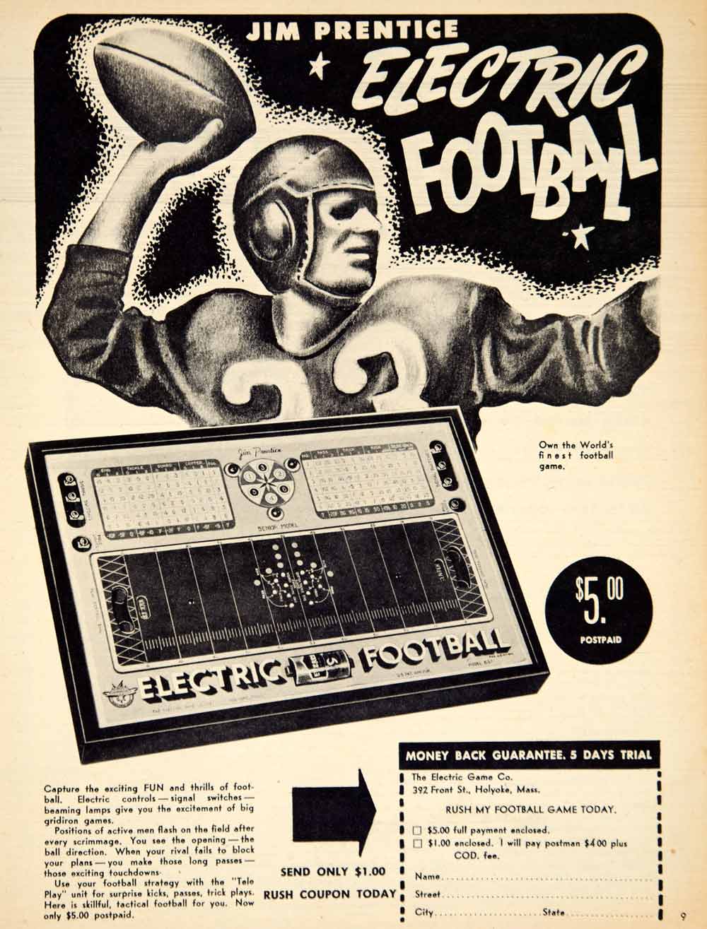 1953 Ad Jim Prentice Electric Football Board Game Toy 392 Front St Holyoke YSS3
