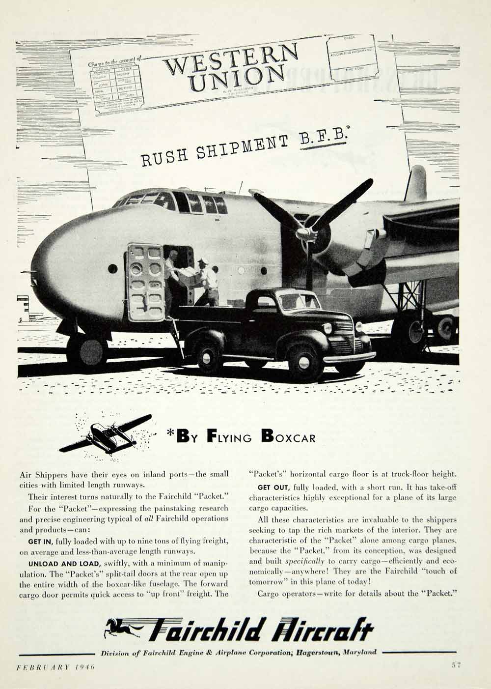 1946 Ad Fairchild Aircraft C-82 Packet Airplane WWII Aviation Hagerstown MD YSW3