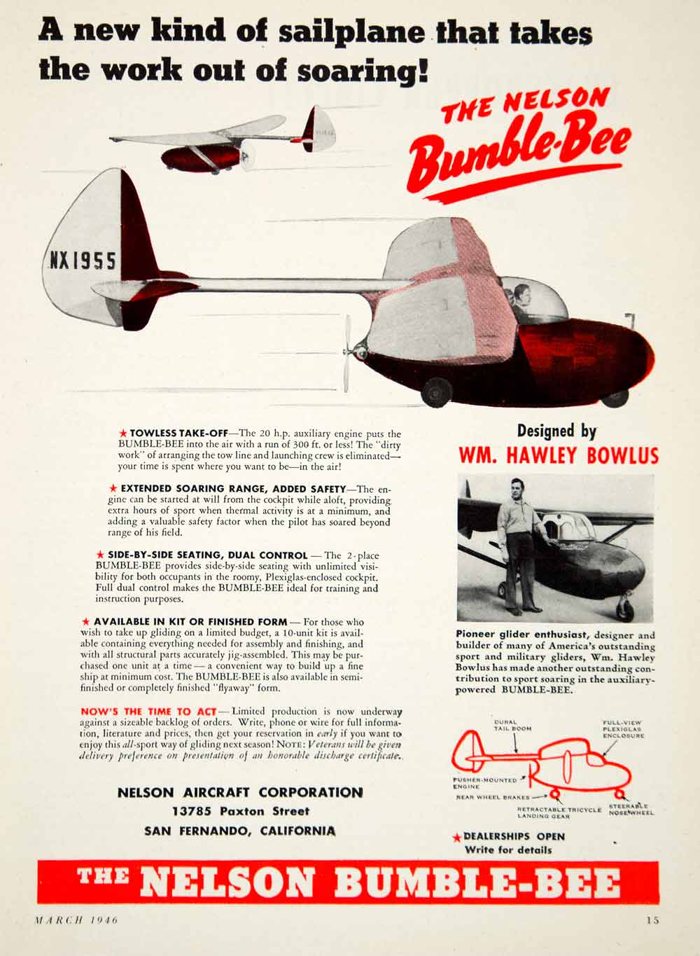 1946 Ad Nelson Aircraft Bumblebee Glider Airplane Aviation William Hawley YSW3