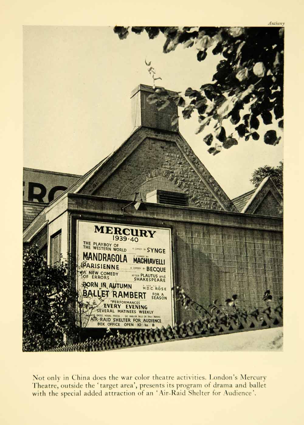 1939 Print Mercury Theatre London Playbill Poster Air Raid Shelter WWII War YTA1