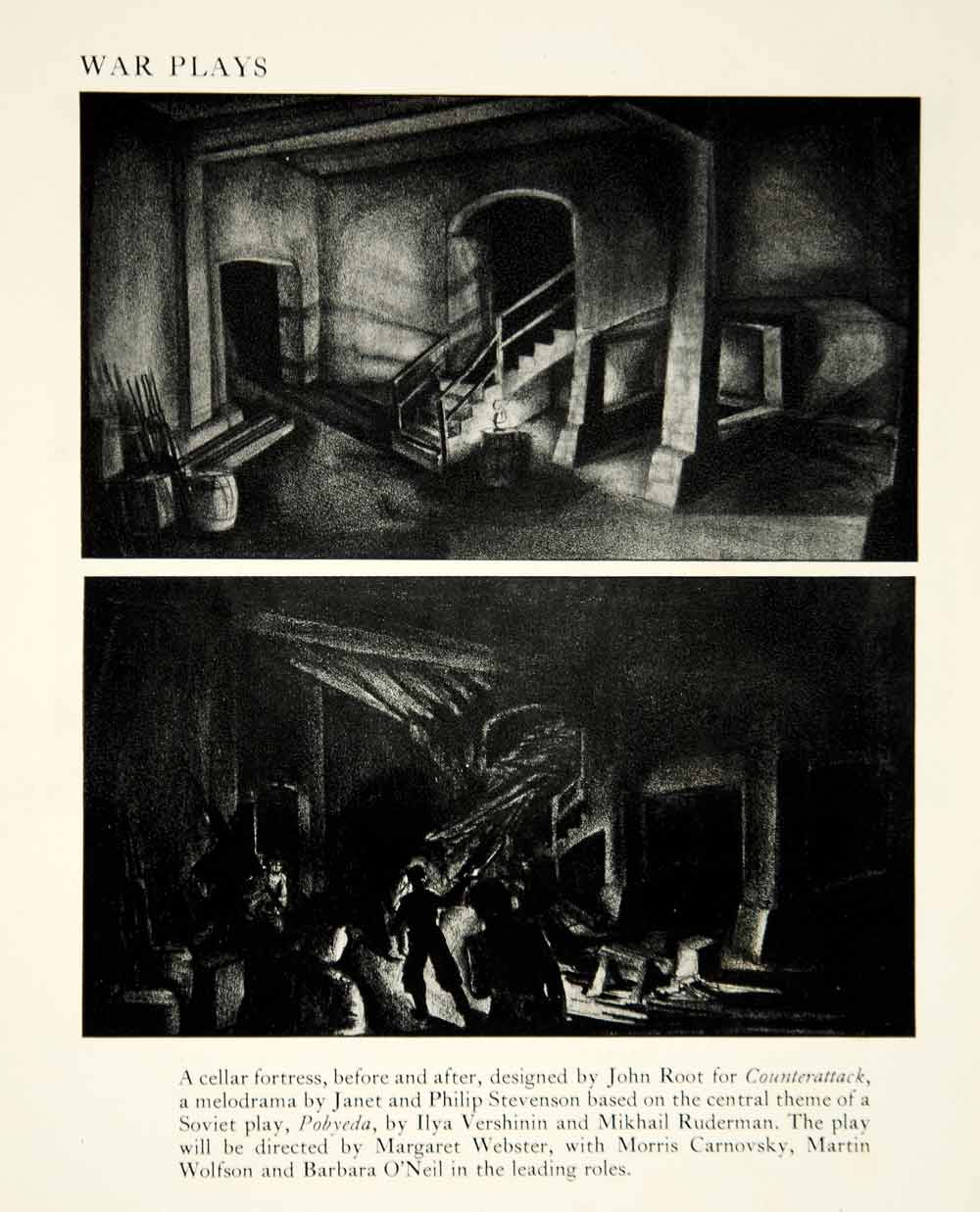 1943 Print John Root Cellar Fortress Set Design Counterattack Play Theater YTA2