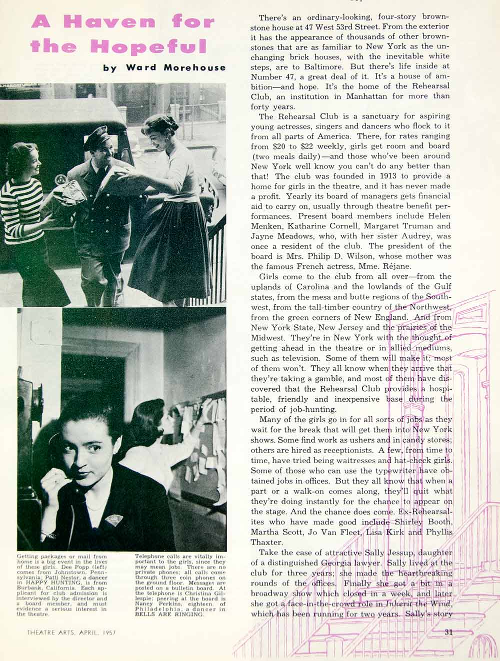 1957 Article Rehearsal Club 47 West 53rd Street NYC Girls Boarding House YTA4