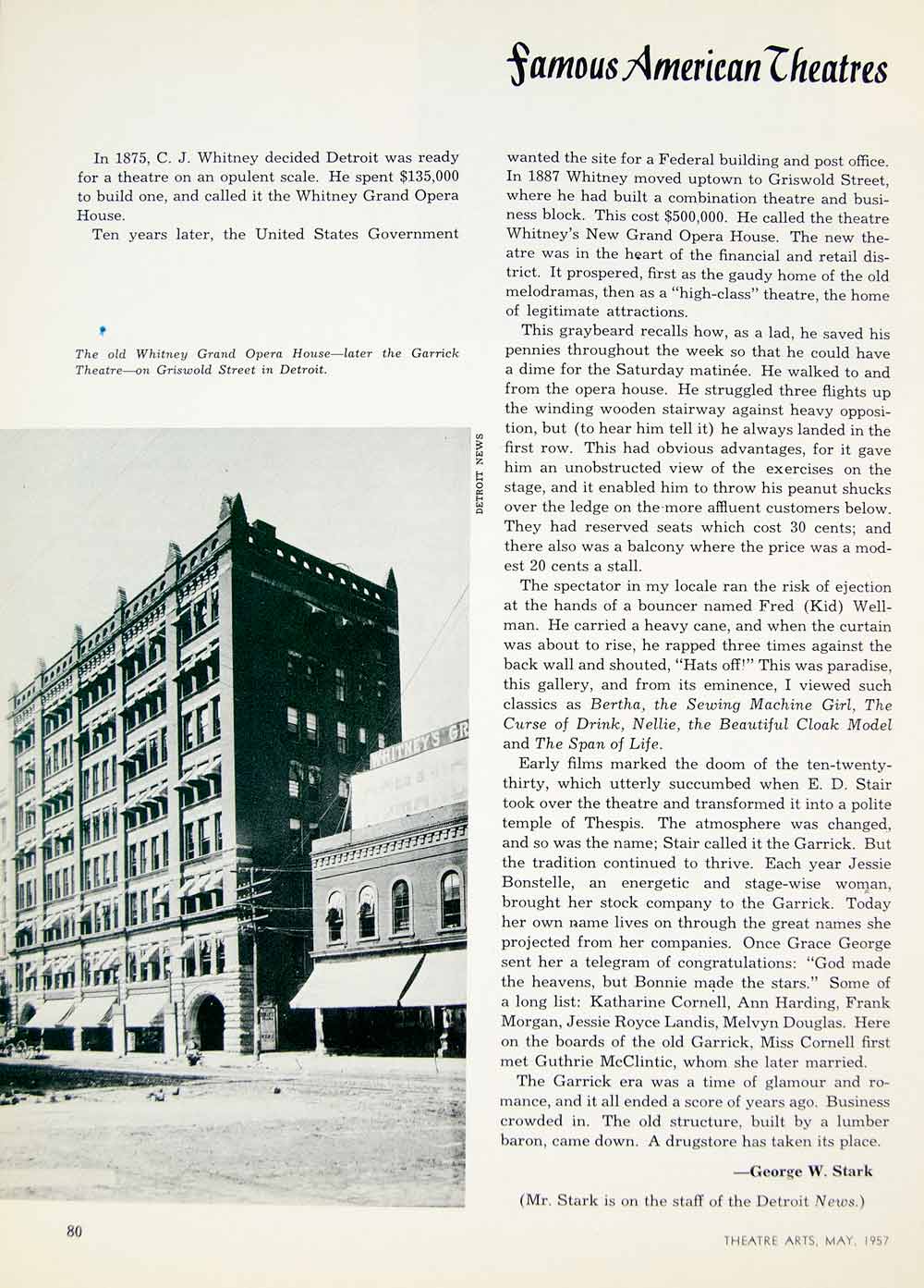 1957 Article Garrick Theatre Building Griswald Street Detroit Harry Houdini YTA4