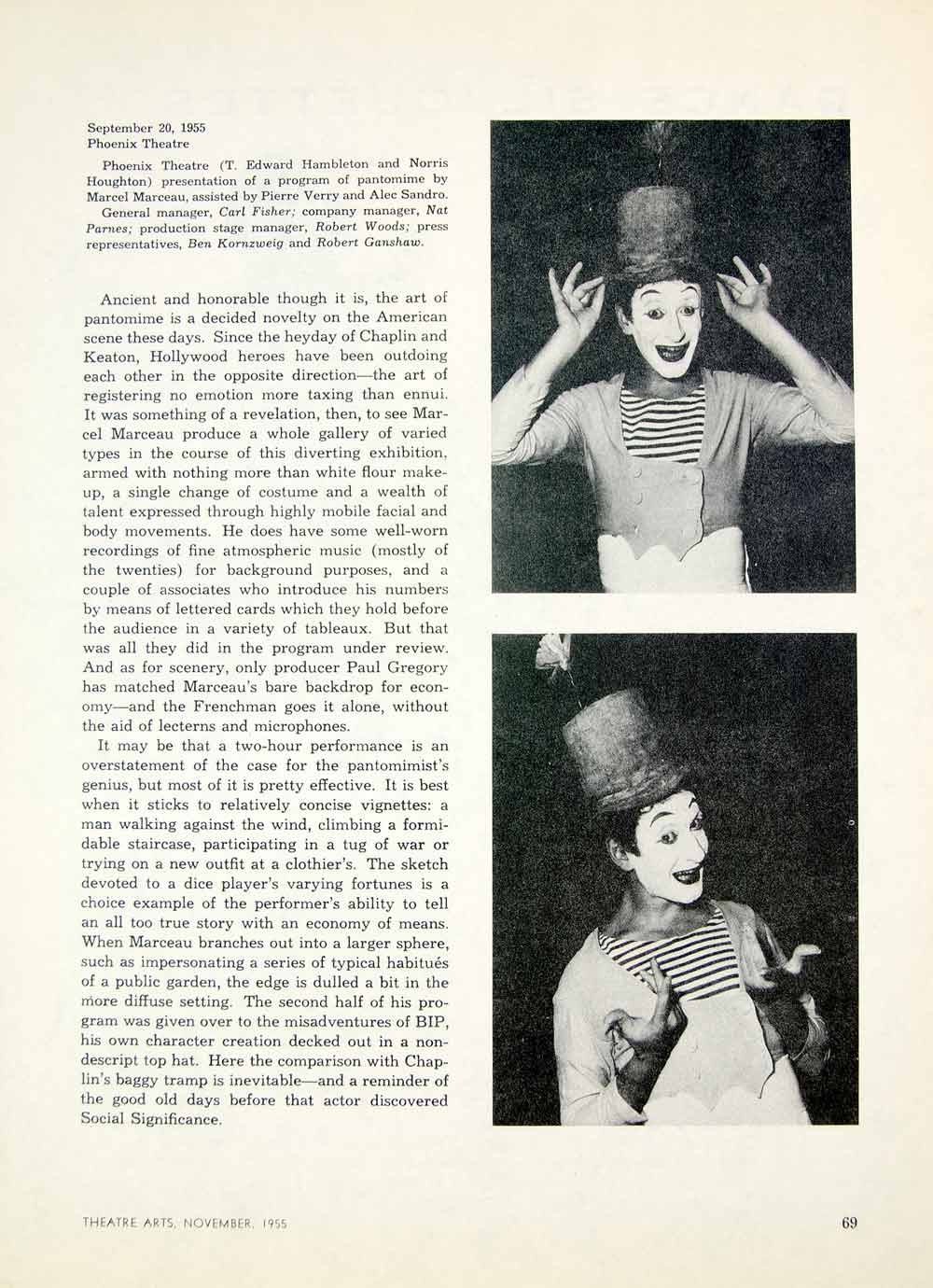 1955 Article Marcel Marceau BIP Mime Pantomime Show Review Phoenix Theatre TA4