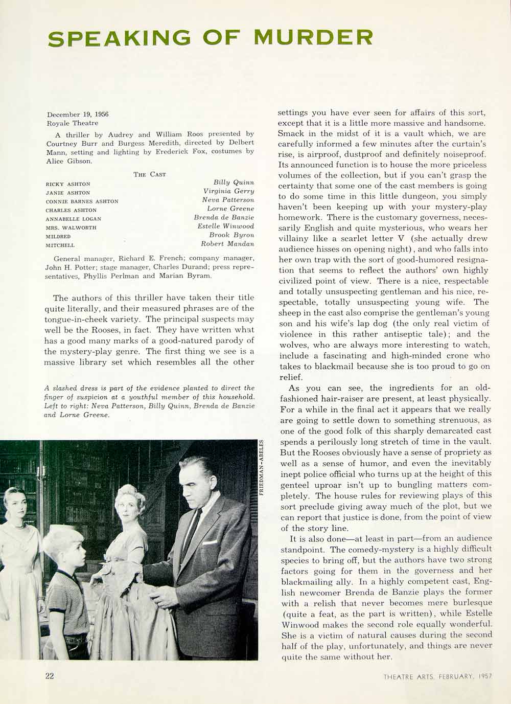 1957 Article Speaking of Murder Play Review Audrey William Roos Billy Quinn YTA4