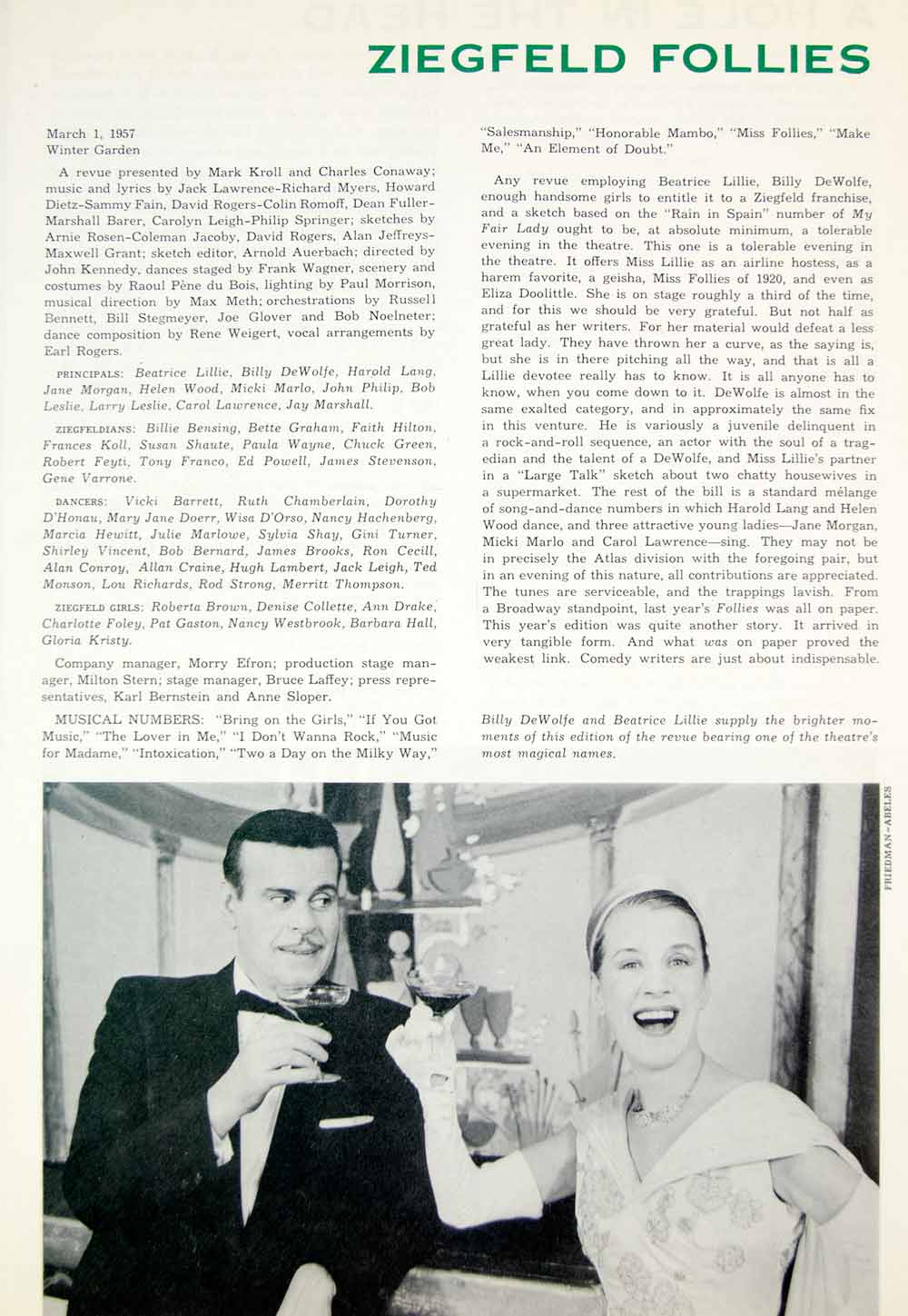 1957 Article Ziegfeld Follies Musical Revue Billy DeWolfe Beatrice Lillie YTA4