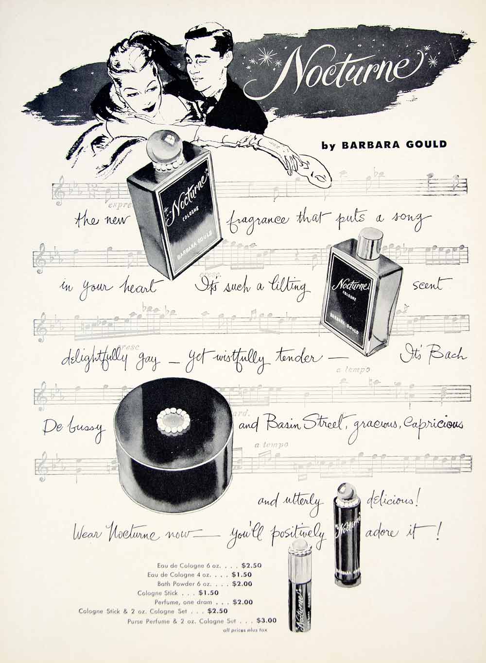 1954 Ad Vintage Nocturne Perfume Barbara Gould Fragrance Cologne Powder YTA4