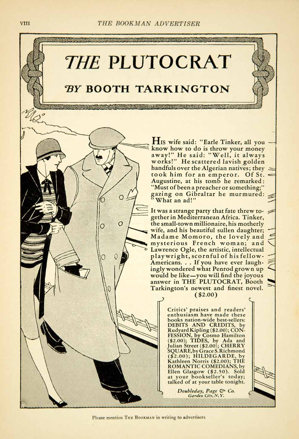 1927 Ad Plutocrat Booth Tarkington Book Novel Doubleday Page Garden City NY YTB1