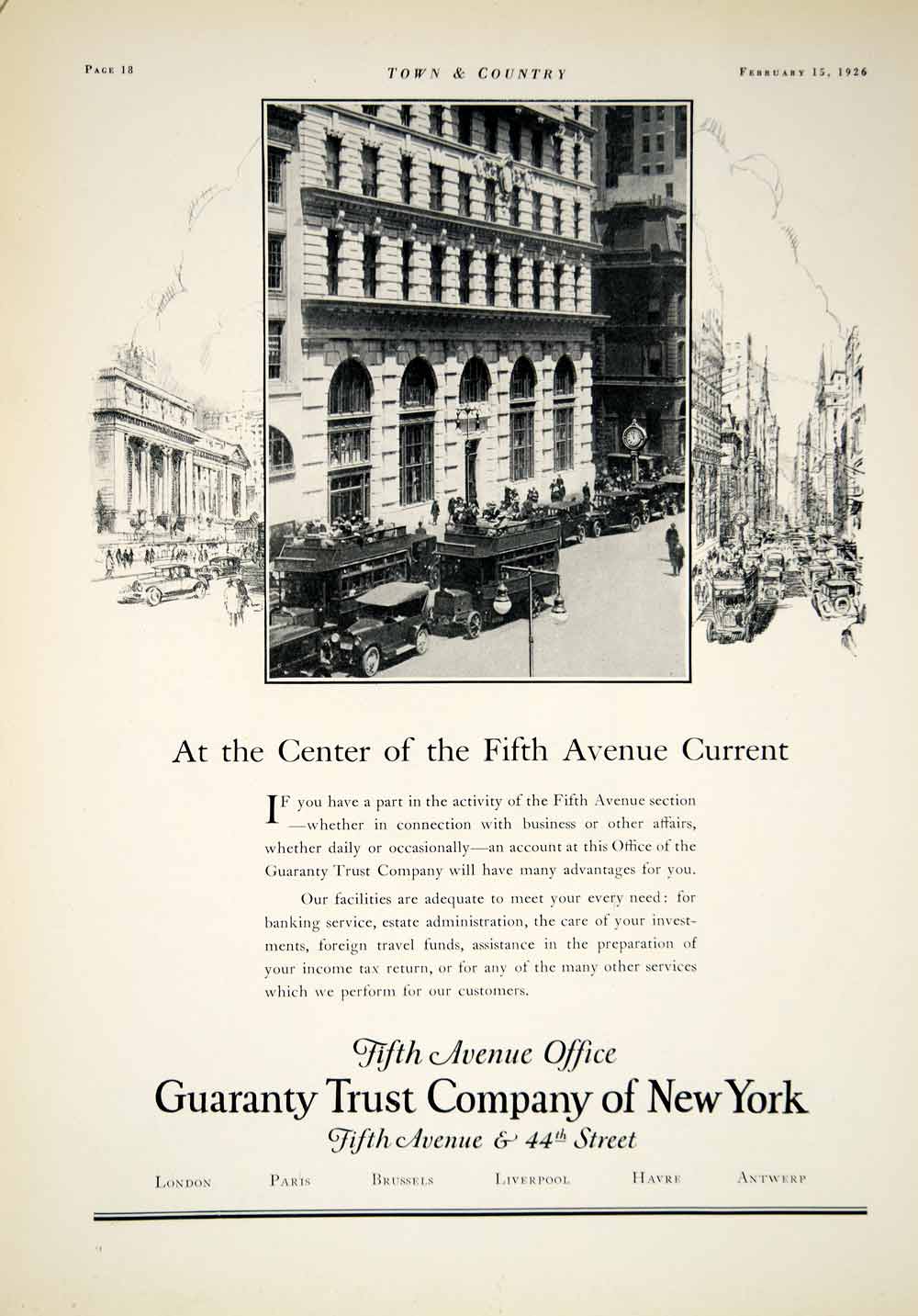 1926 Ad Guaranty Trust Company New York City Fifth Avenue Cityscape Cars YTC1