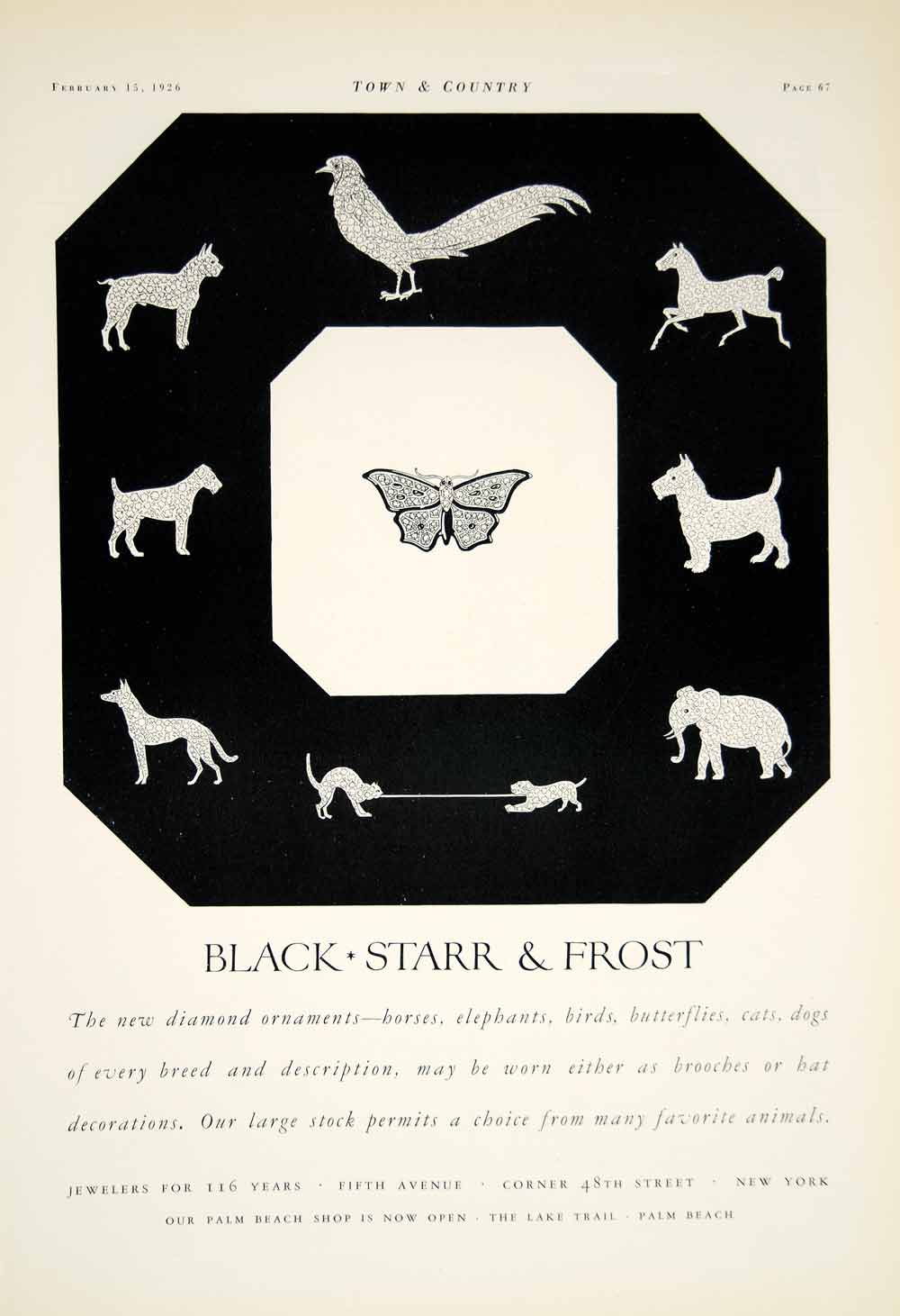 1926 Ad Black Starr Frost Jewelers Diamond Animal Broaches Decoration Pin YTC1