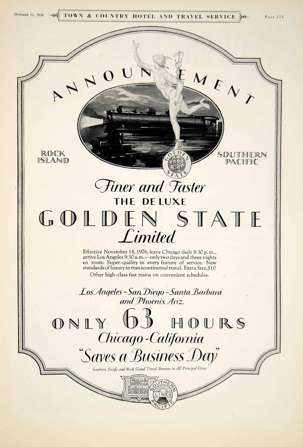 1926 Ad Golden State Limited Rock Island South Pacific Railroad Train Trip YTC1