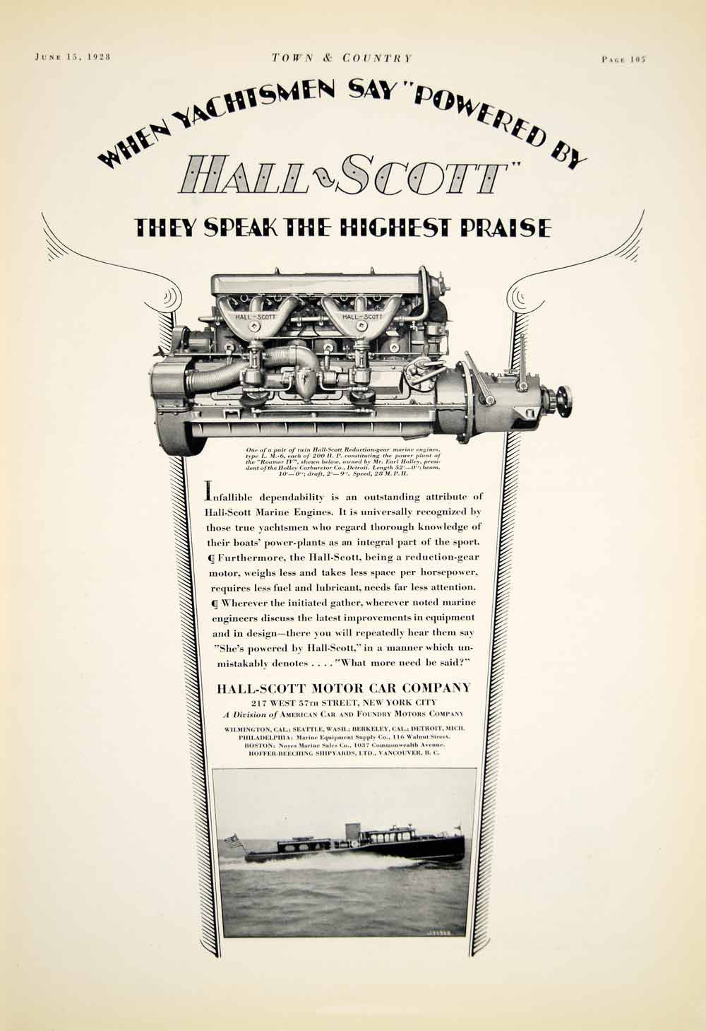 1928 Ad Hall Scott Motor Car Engine Sail Boat Yachtsman Manufacturing Lake YTC1 - Period Paper
