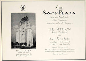 1928 Ad Savoy Plaza Living Fifth Avenue New York City 58th 59th Street Rent YTC1