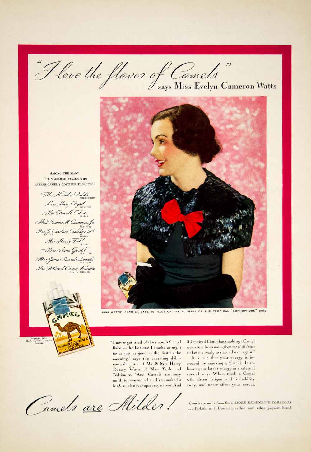 1934 Ad Camel Cigarettes Miss Evelyn Cameron Watts Actress Tobacco Smoking YTC2