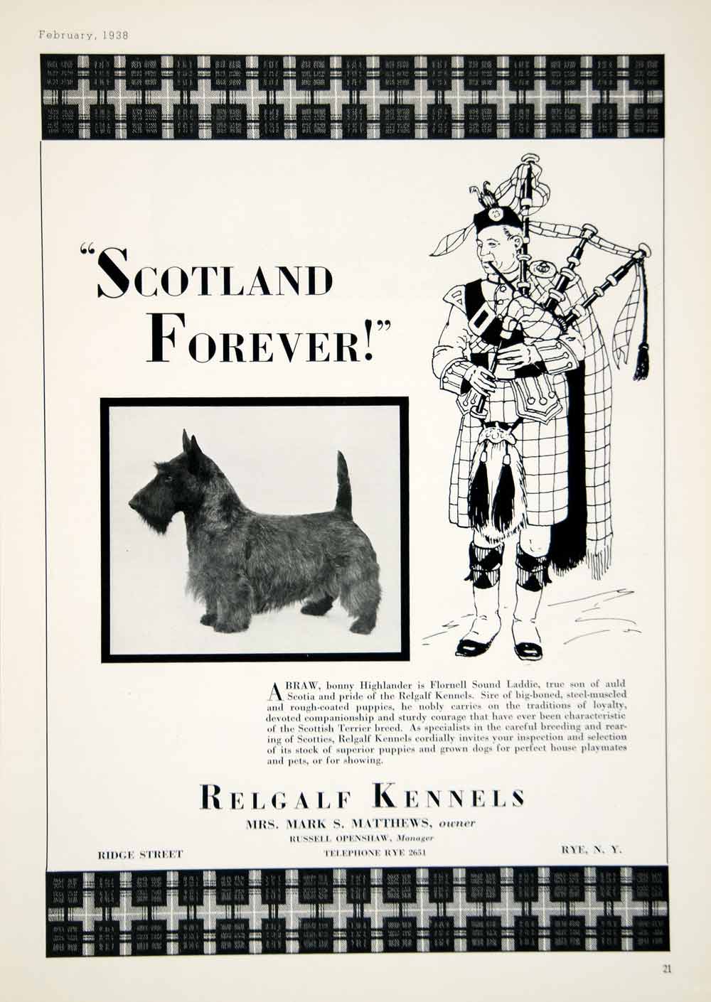1938 Ad Relgalf Kennels Mark S Matthews Scottish Terrier Dog Bagpiper Pets YTC2