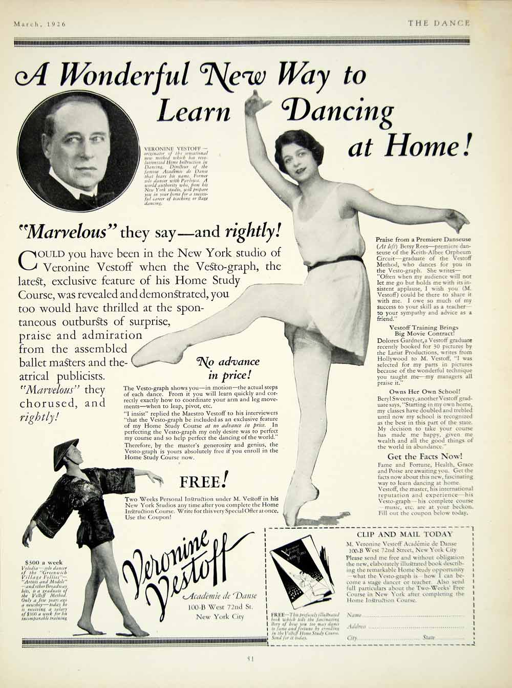 1926 Ad Dance Class School Veronin Vestoff Academy Course Study Home Ballet YTD1