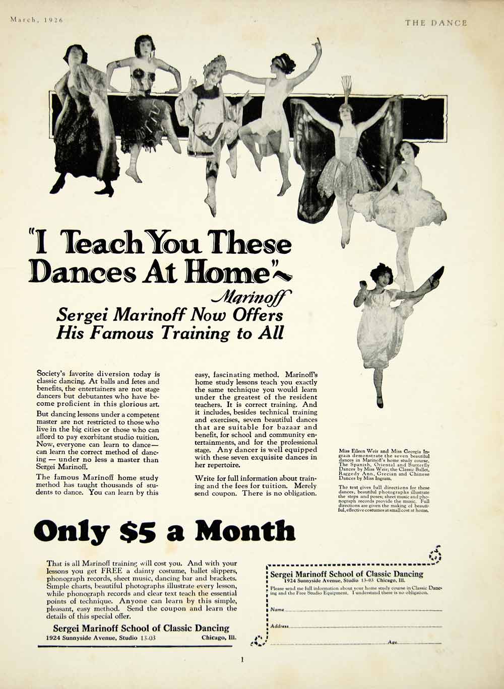 1926 Ad Home Training Dance Sergei Marinoff Class Course Costume Ballet YTD1