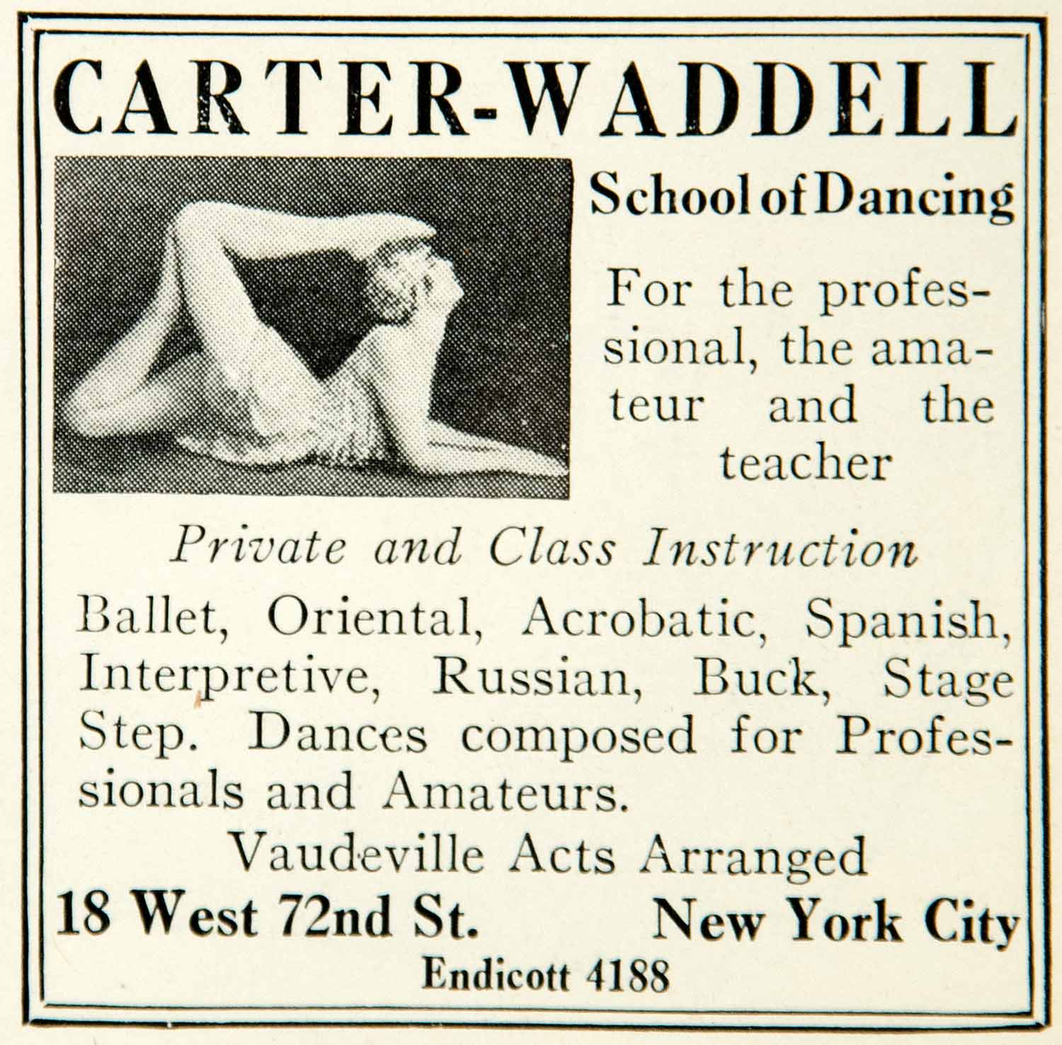 1926 Ad Carter Waddell School Dancing New York Class Course Instruction YTD1