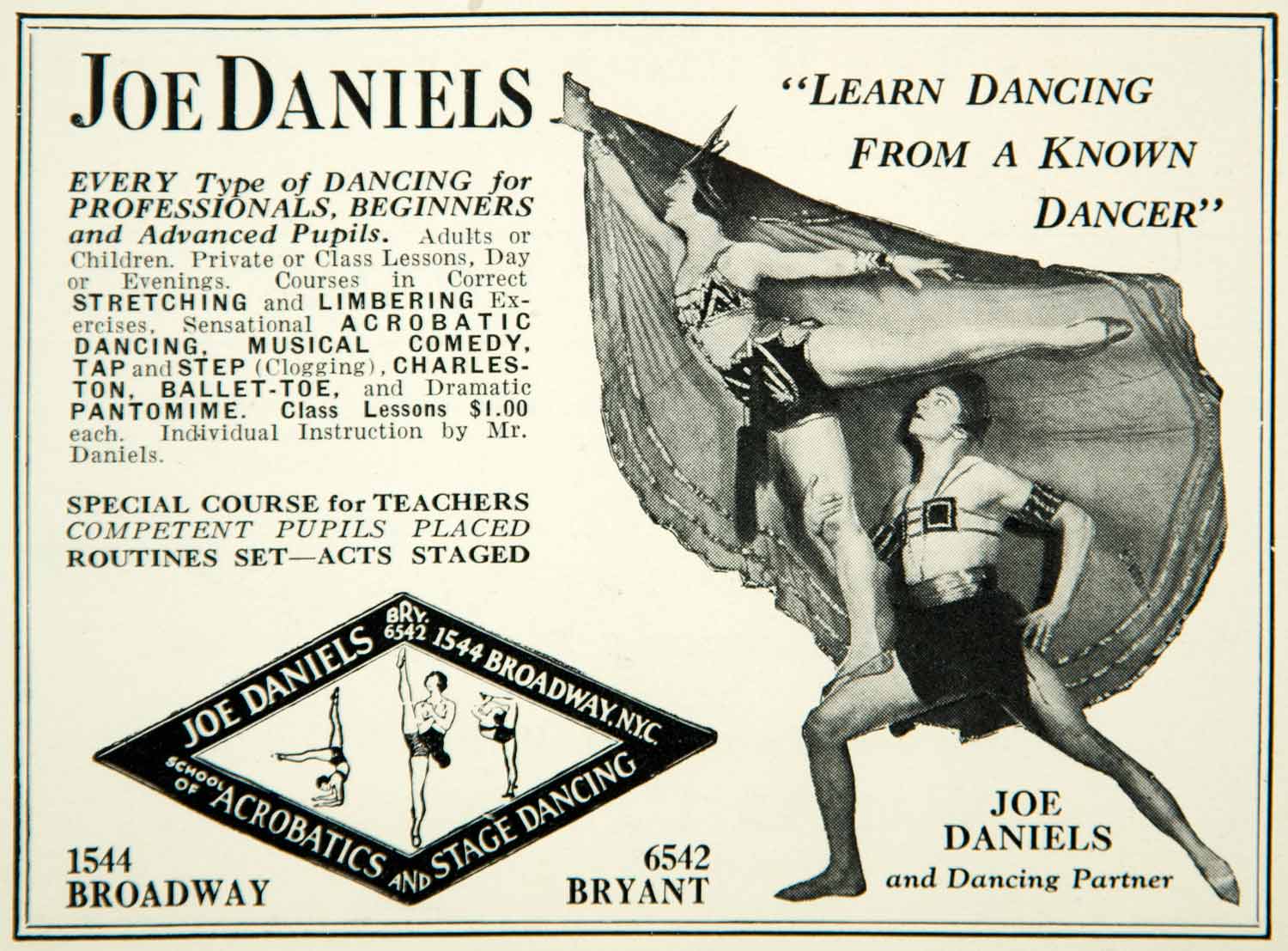 1926 Ad Joe Daniels Dance Class Course Instructor New York Stage Theater YTD1