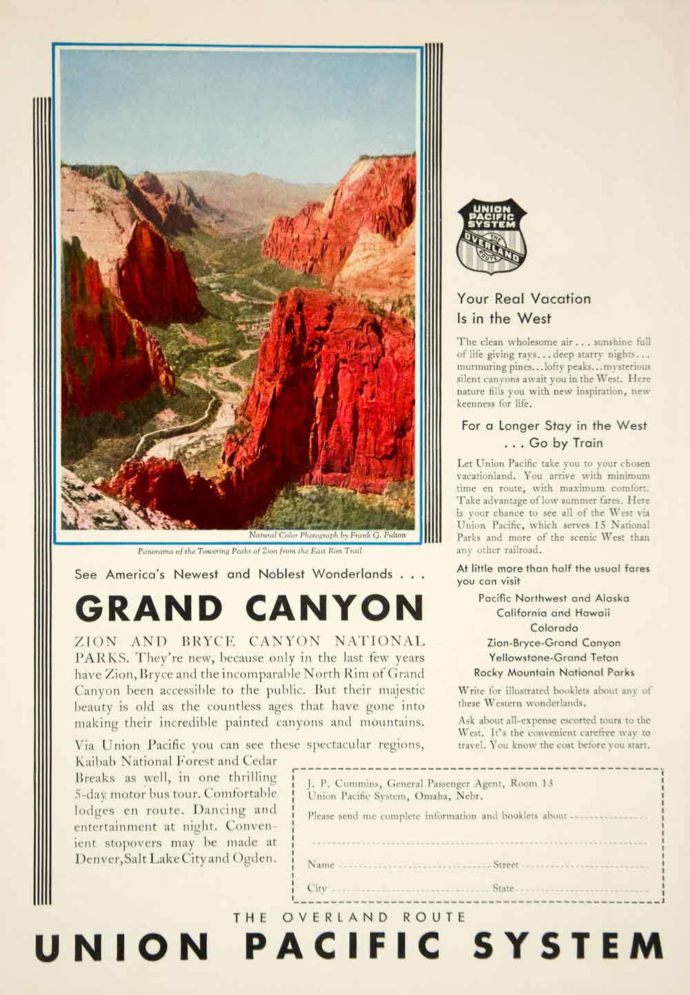 1931 Ad Union Pacific Railroad Overland Route Grand Bryce Canyon National YTF1