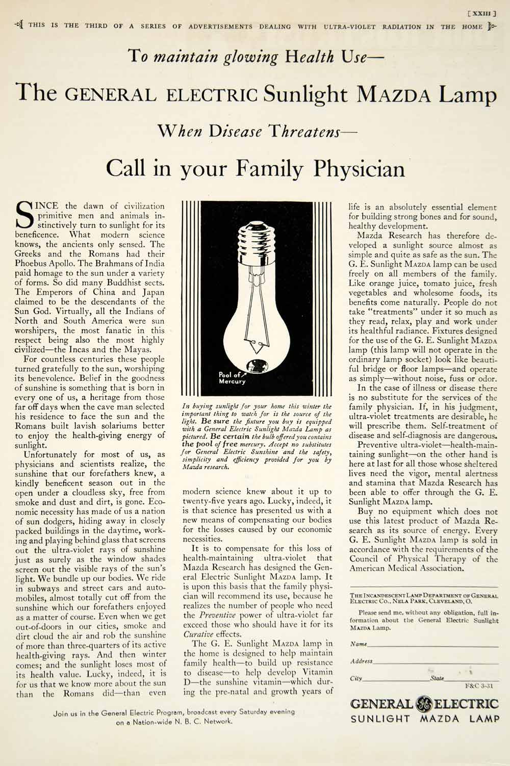 1931 Ad General Electric GE Sunlight Mazda Lamp Light Bulb Medical YTF1