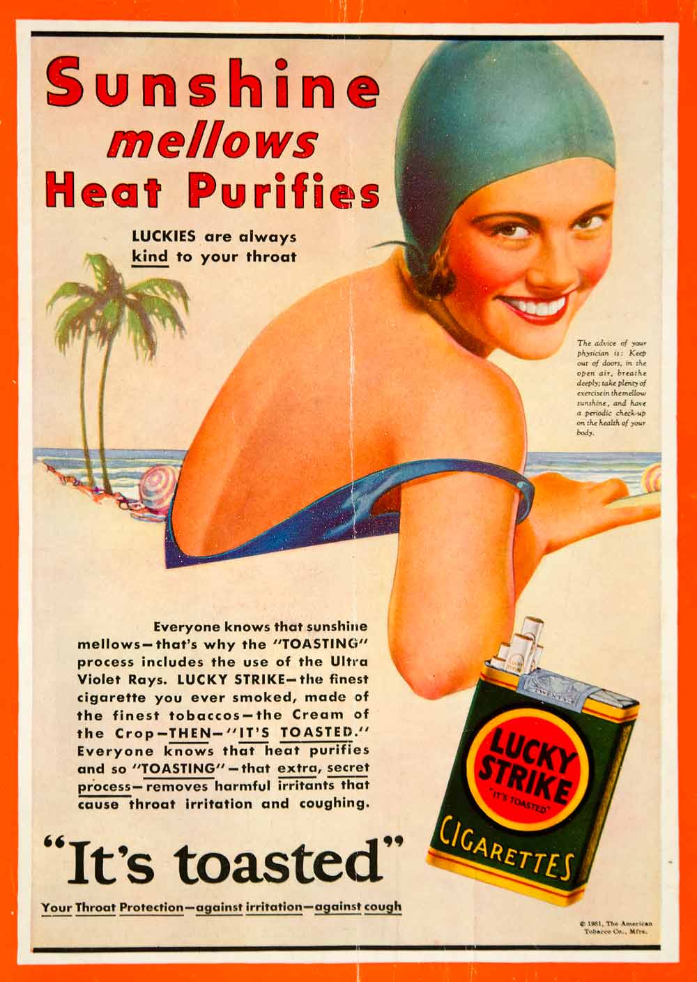 1931 Ad Lucky Strike Cigarettes Smoking American Tobacco Swimmer Sunbather YTF1