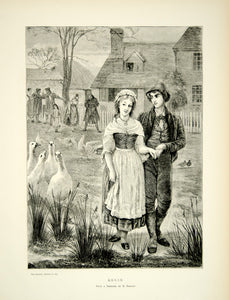 1870 Wood Engraving Edgar Barclay Art Geese Portrait Lovers Romance YTG1